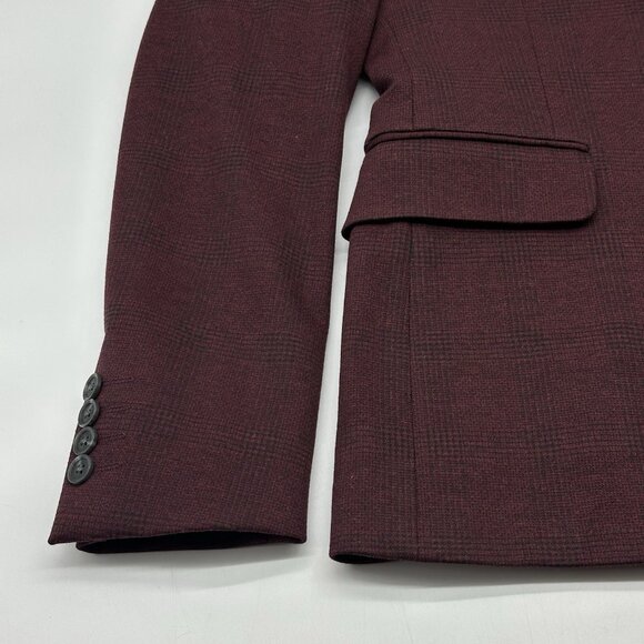 JF J Ferrar Size Small 34/36 SH Slim Fit Burgundy Mini Check Suit Jacket Blazer - Picture 3 of 12